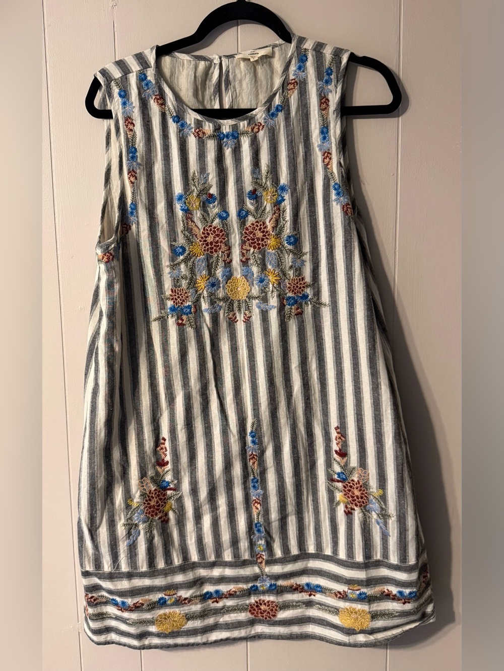 Entro Embroidered Floral Striped Sleeveless Shift Dress Size L Boho